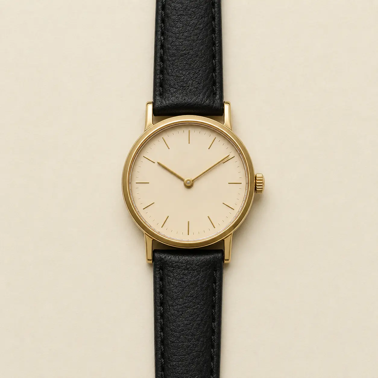 Unbranded round vintage watch shown flat with crown at three o'clock