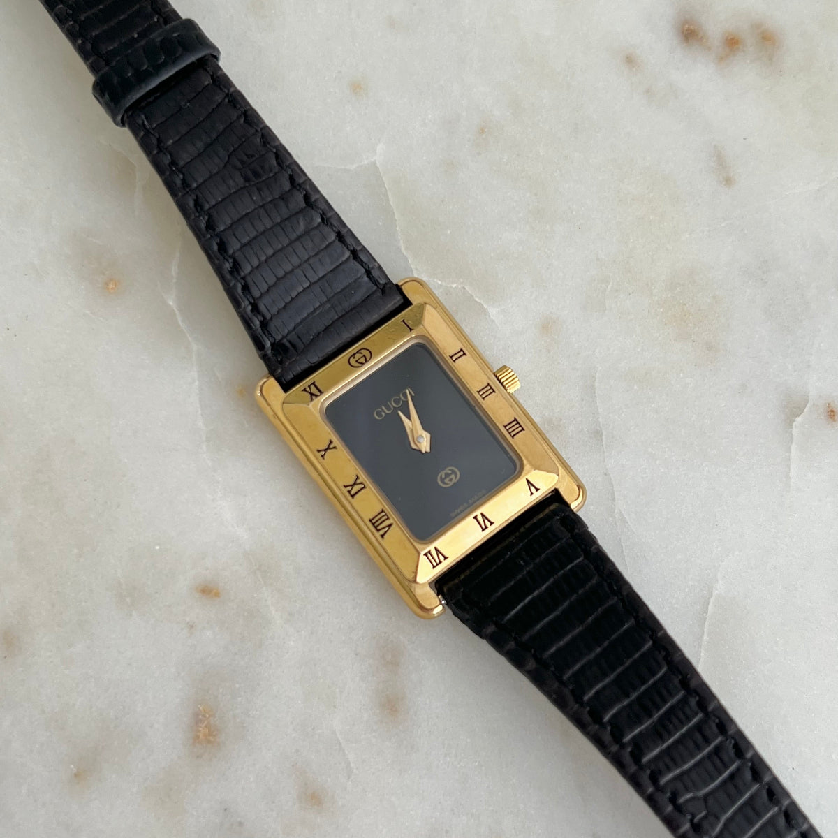  Gucci Tank Women's Watch NZ with Black Dial Roman Numerals in Gold