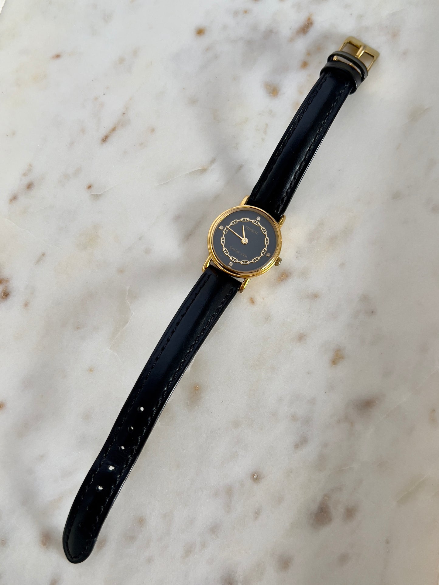 Tissot Chaîne d’Or Ladies Watch – Black Dial, Gold Case, Leather Strap