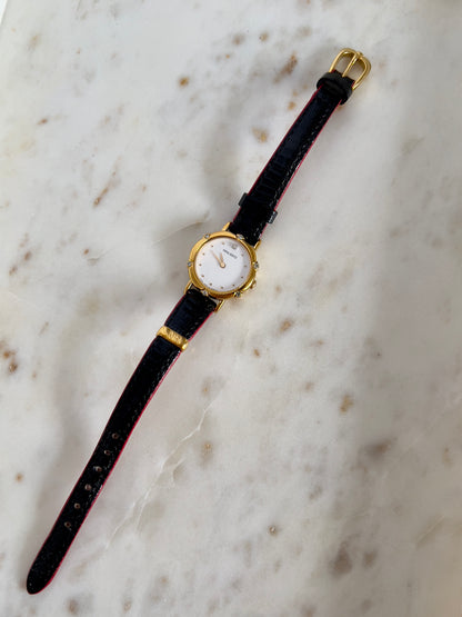 Nina Ricci x Seiko Ladies Vintage Watch – Gold Case, Crystal Accents, Black Leather Strap