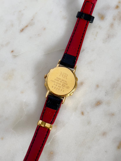 Nina Ricci x Seiko Ladies Vintage Watch – Gold Case, Crystal Accents, Black Leather Strap