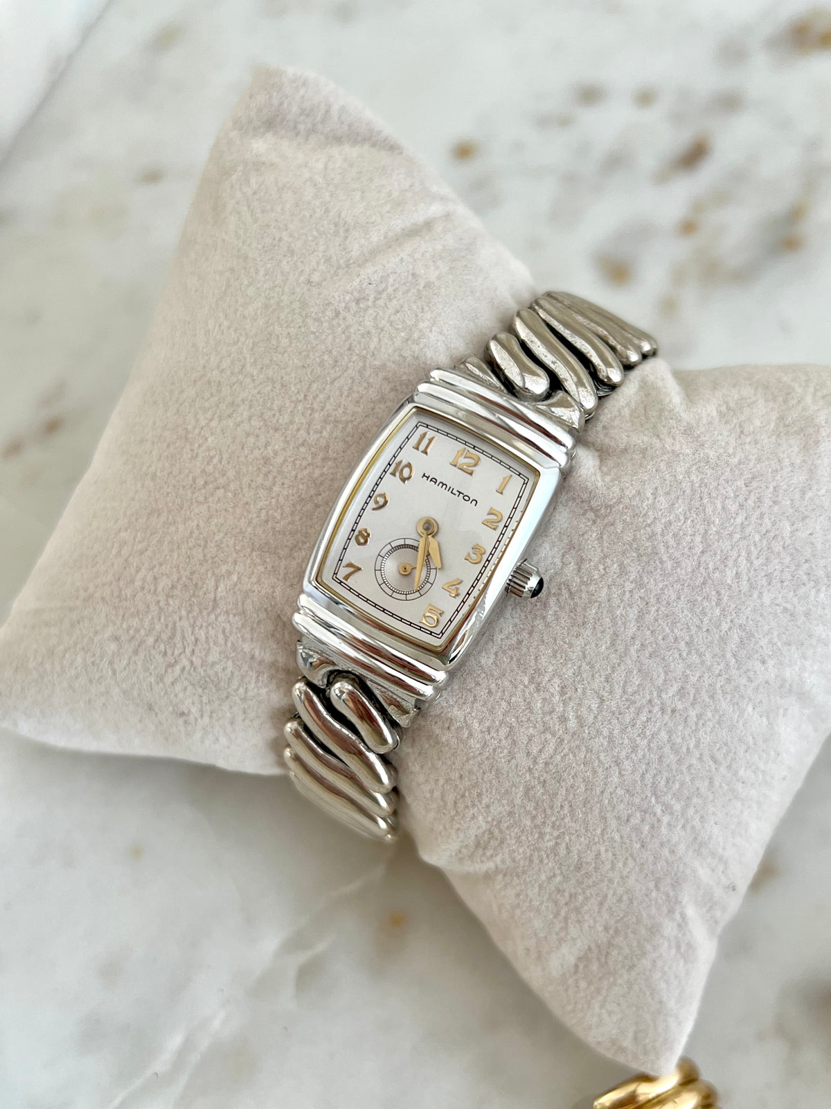 Hamilton Benton Silver Sculpted Watch: angled small-seconds dial and case.