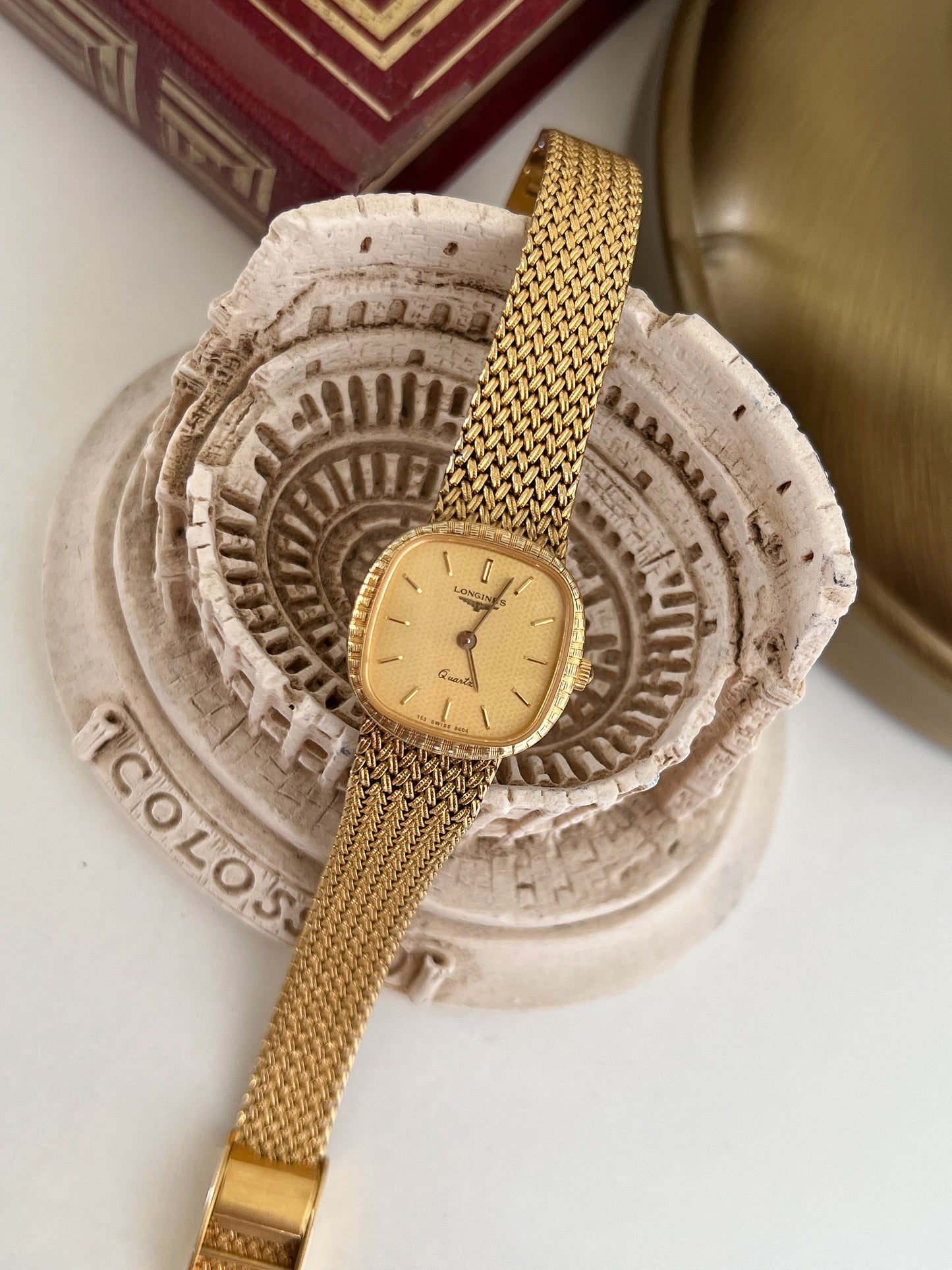 Longines Textured Gold Watch with Woven Bracelet