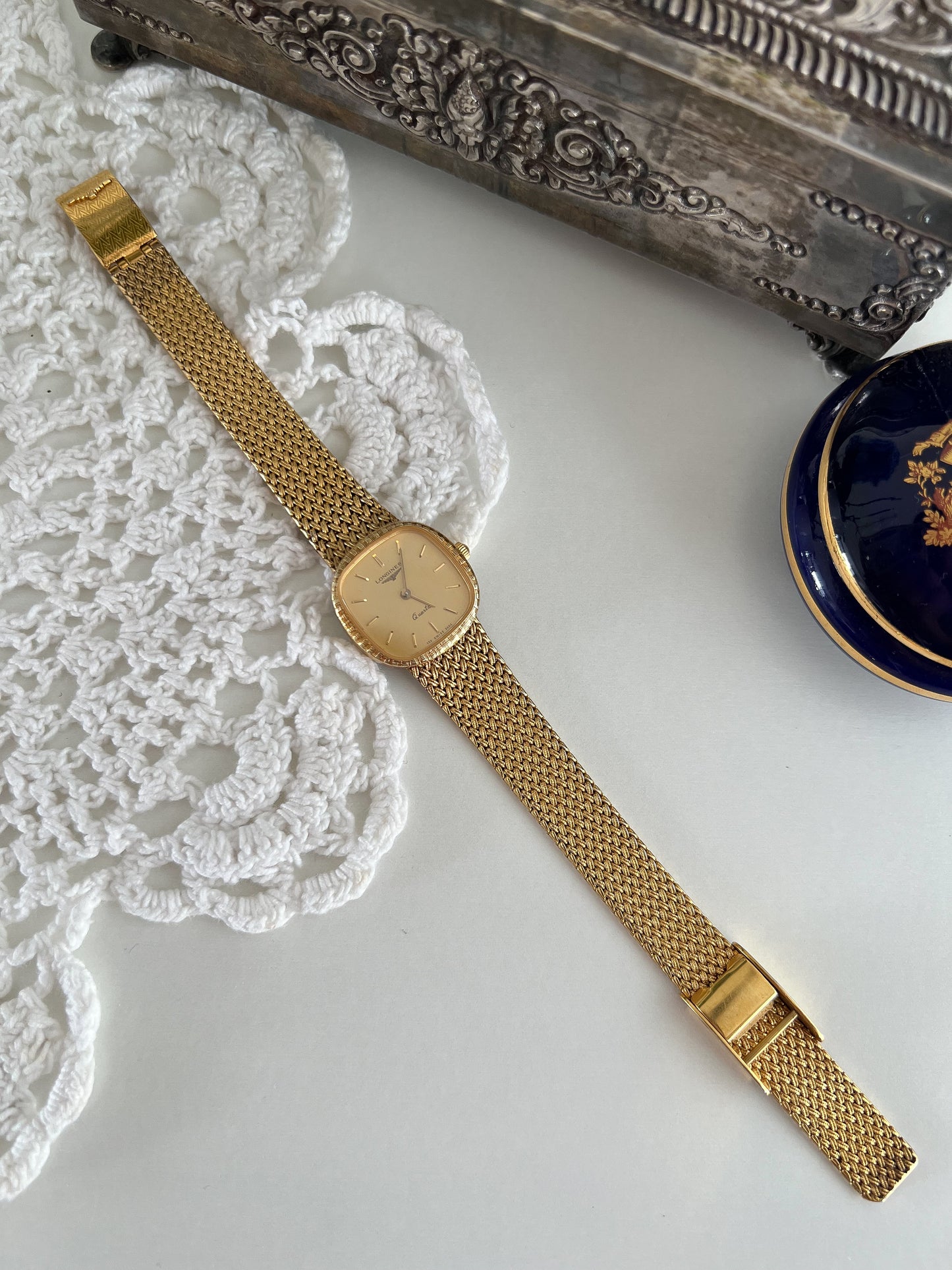 Longines Textured Gold Watch with Woven Bracelet