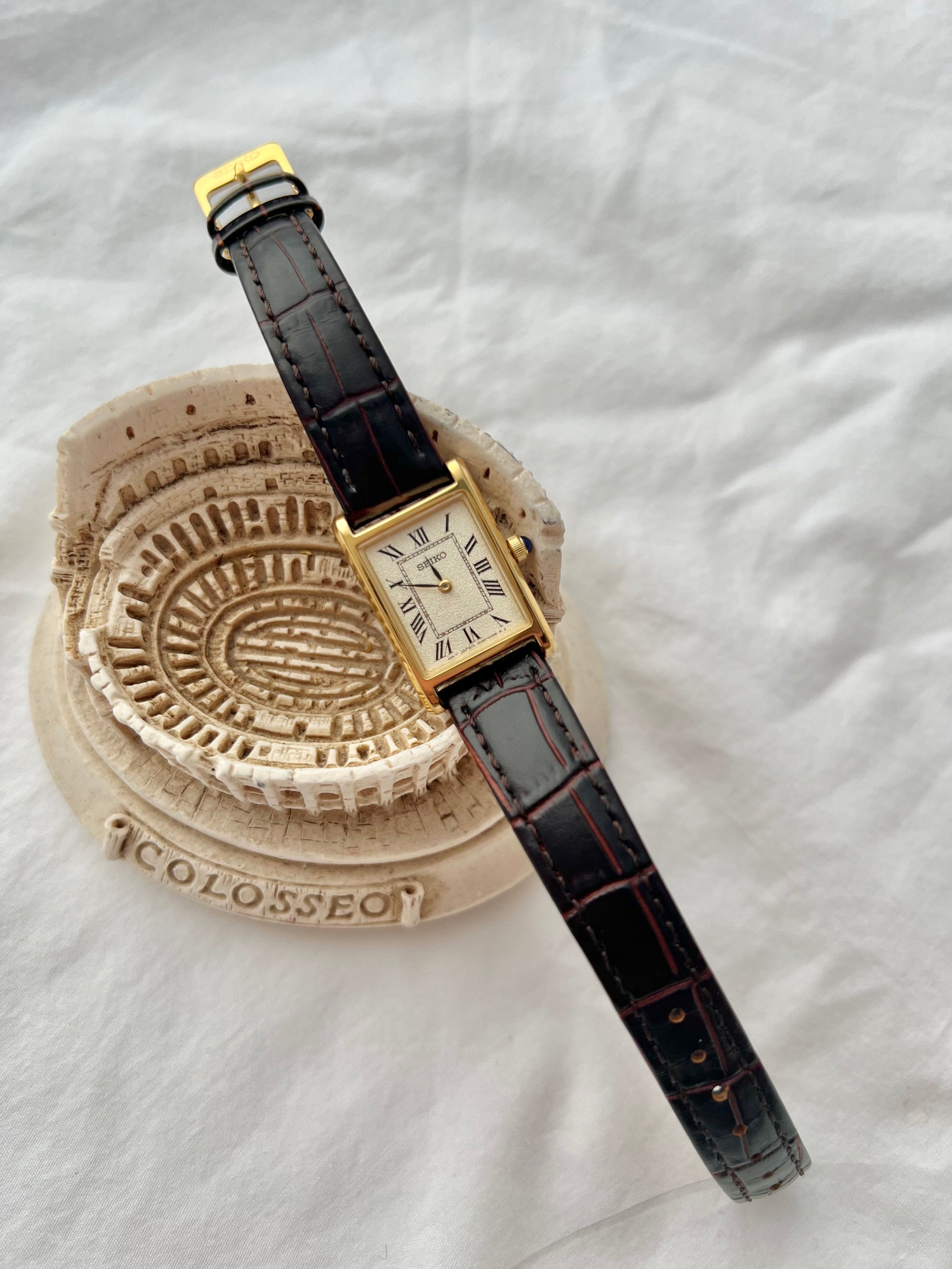 Seiko x Nano Universe rectangular women’s watch styled with classical gold decor