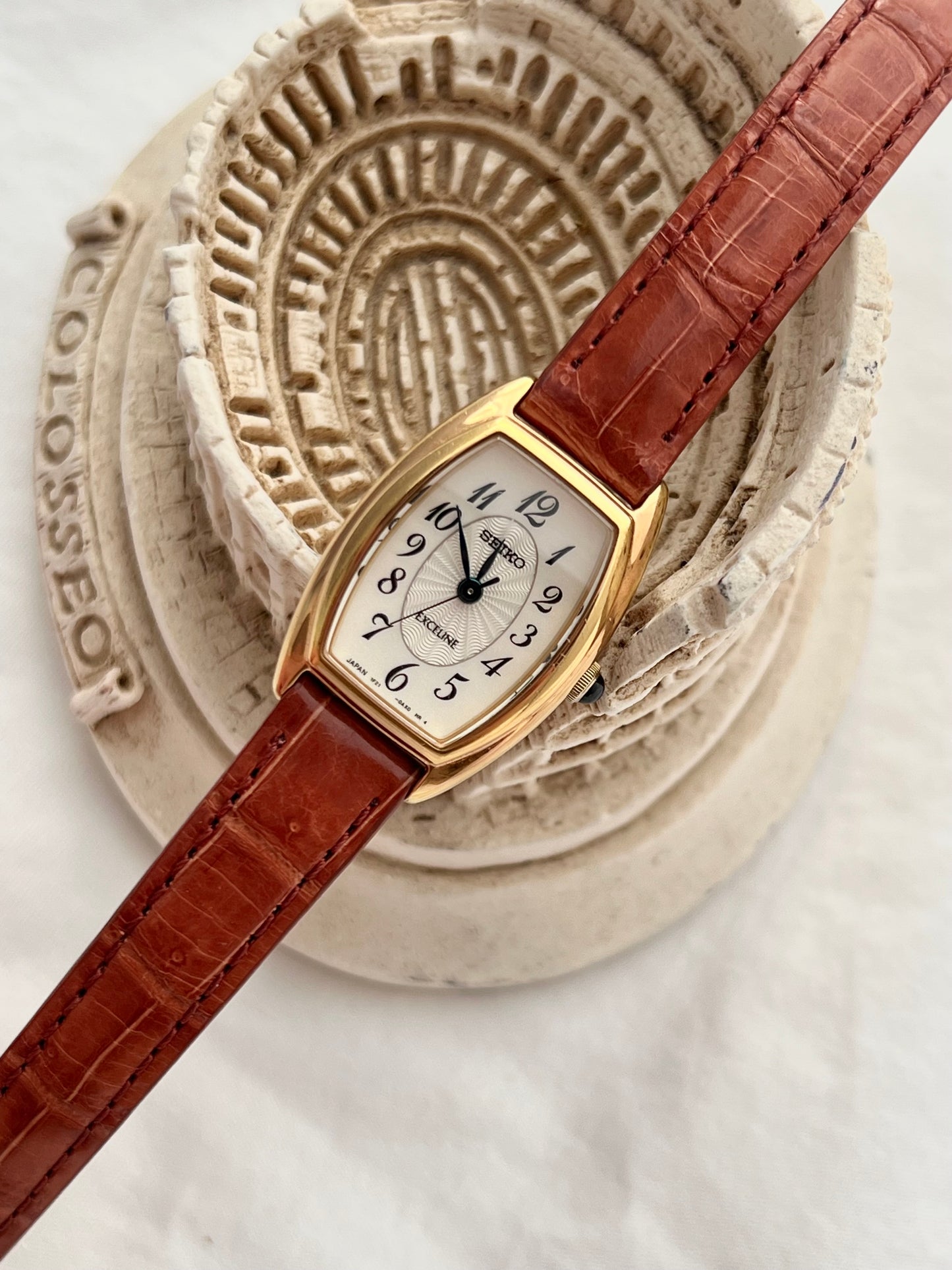 Seiko Exceline Gold Tonneau with Guilloche Oval Dial Women's Watch