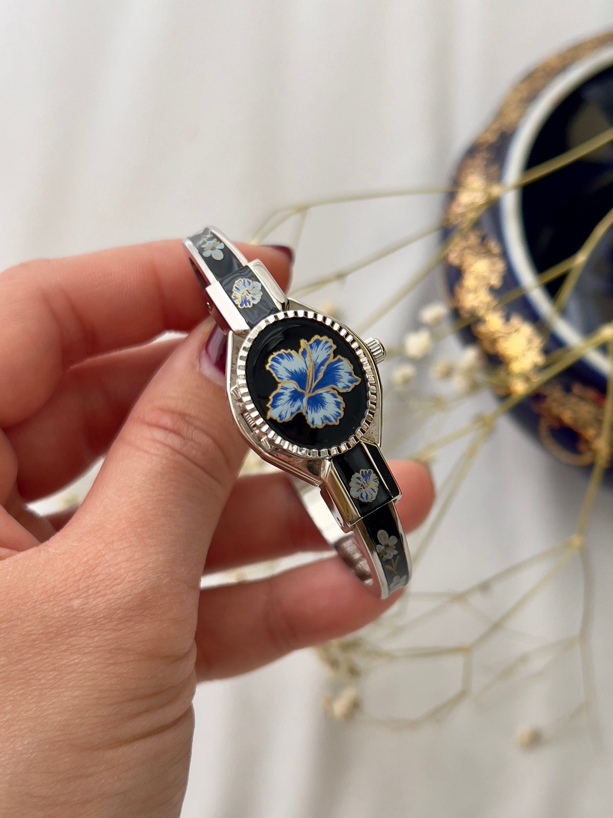 Andre Mouché Rose White Blue Black Enamel Peek A Boo Watch