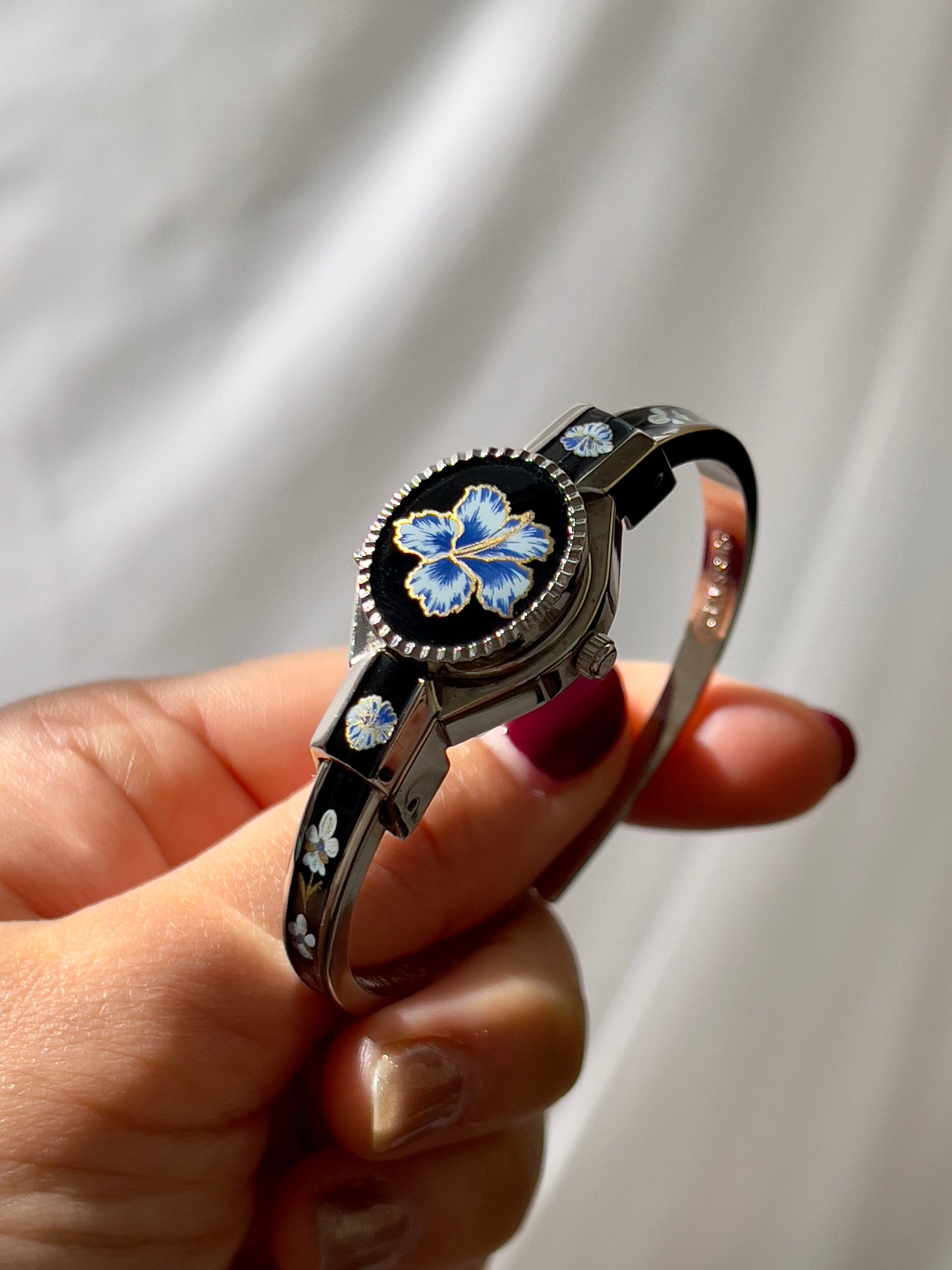 Andre Mouché Rose White Blue Black Enamel Peek A Boo Watch