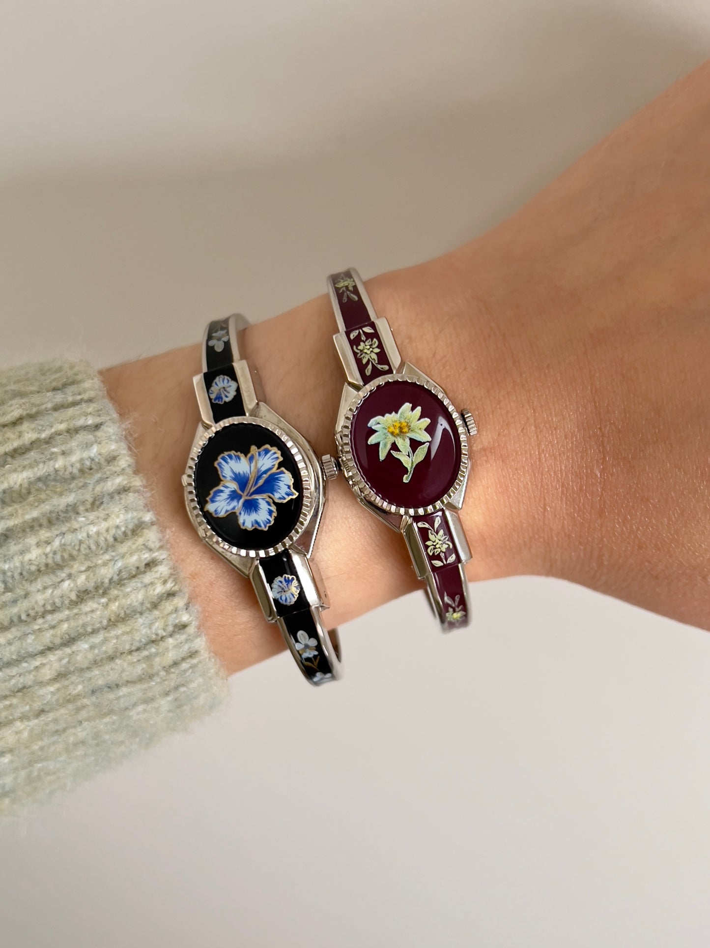 André Mouche Flower Yellow Burgundy Enamel Peek A Boo Watch