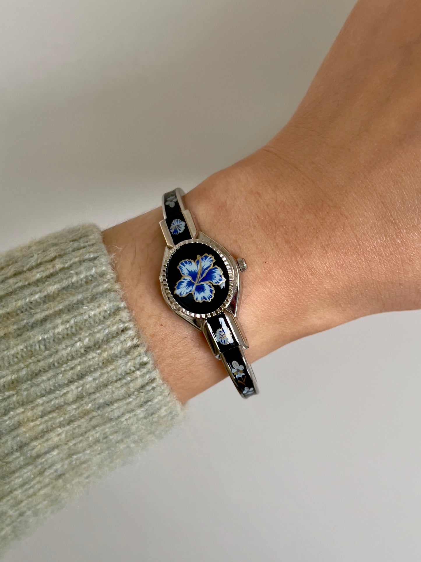 Andre Mouché Rose White Blue Black Enamel Peek A Boo Watch