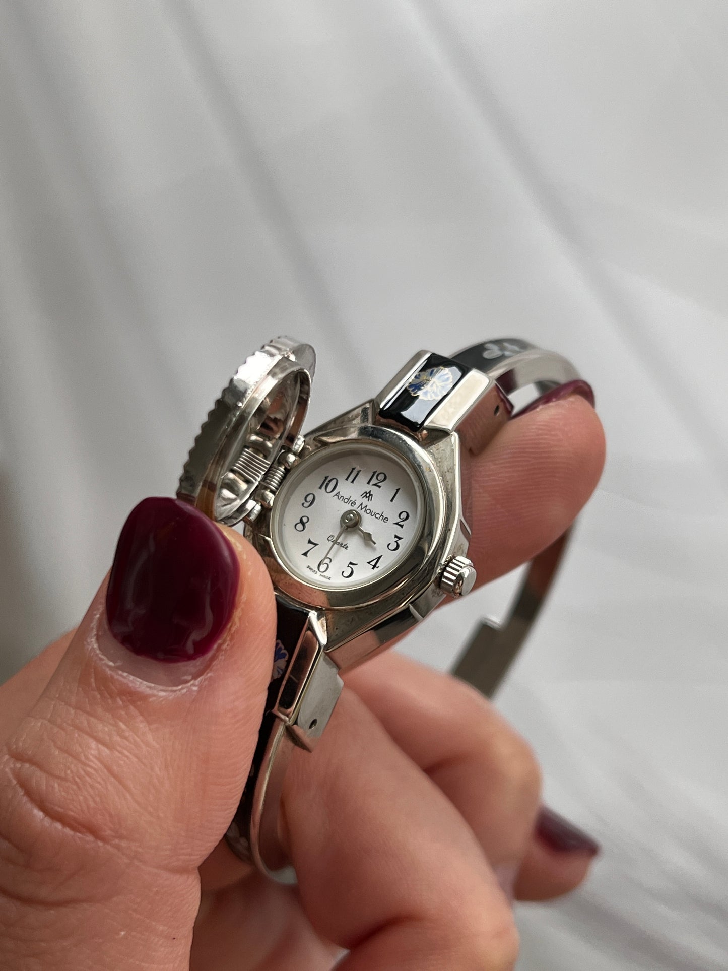 Andre Mouché Rose White Blue Black Enamel Peek A Boo Watch