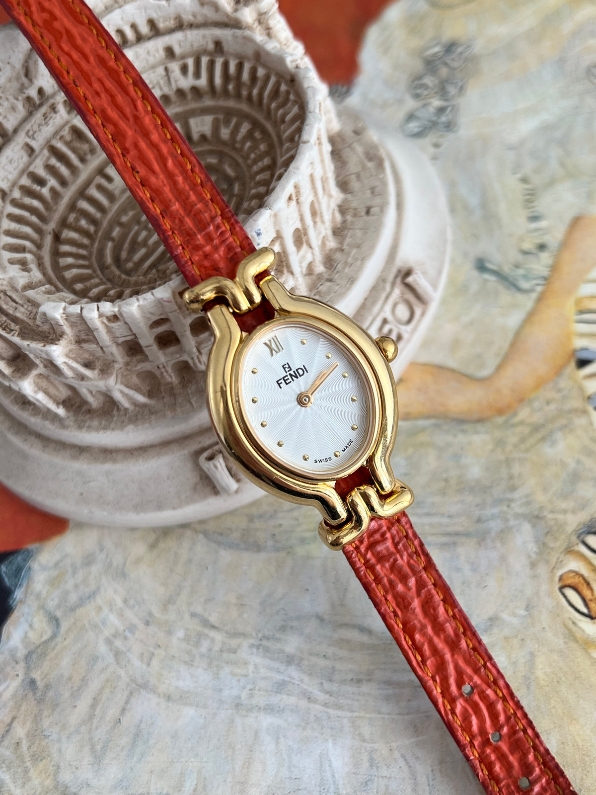 Fendi Chameleon Gold Oval Orange Strap Women’s Watch