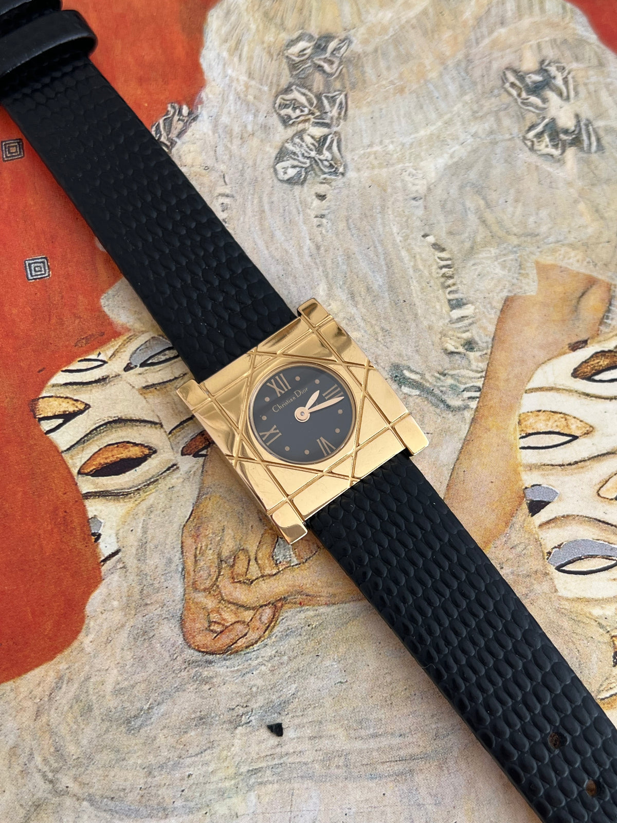 Christian Dior Cannage Gold Tone Black Strap Watch