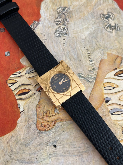 Christian Dior Cannage Gold Tone Black Strap Watch