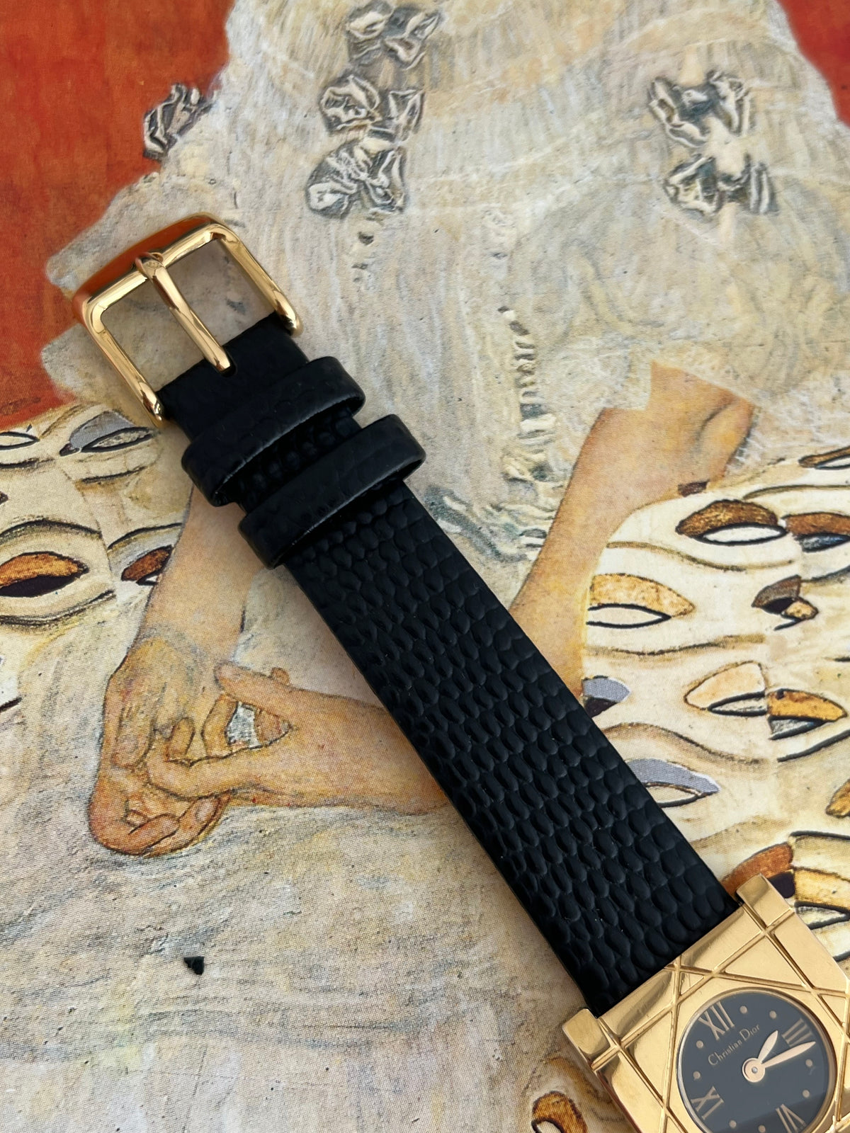 Christian Dior Cannage Gold Tone Black Strap Watch