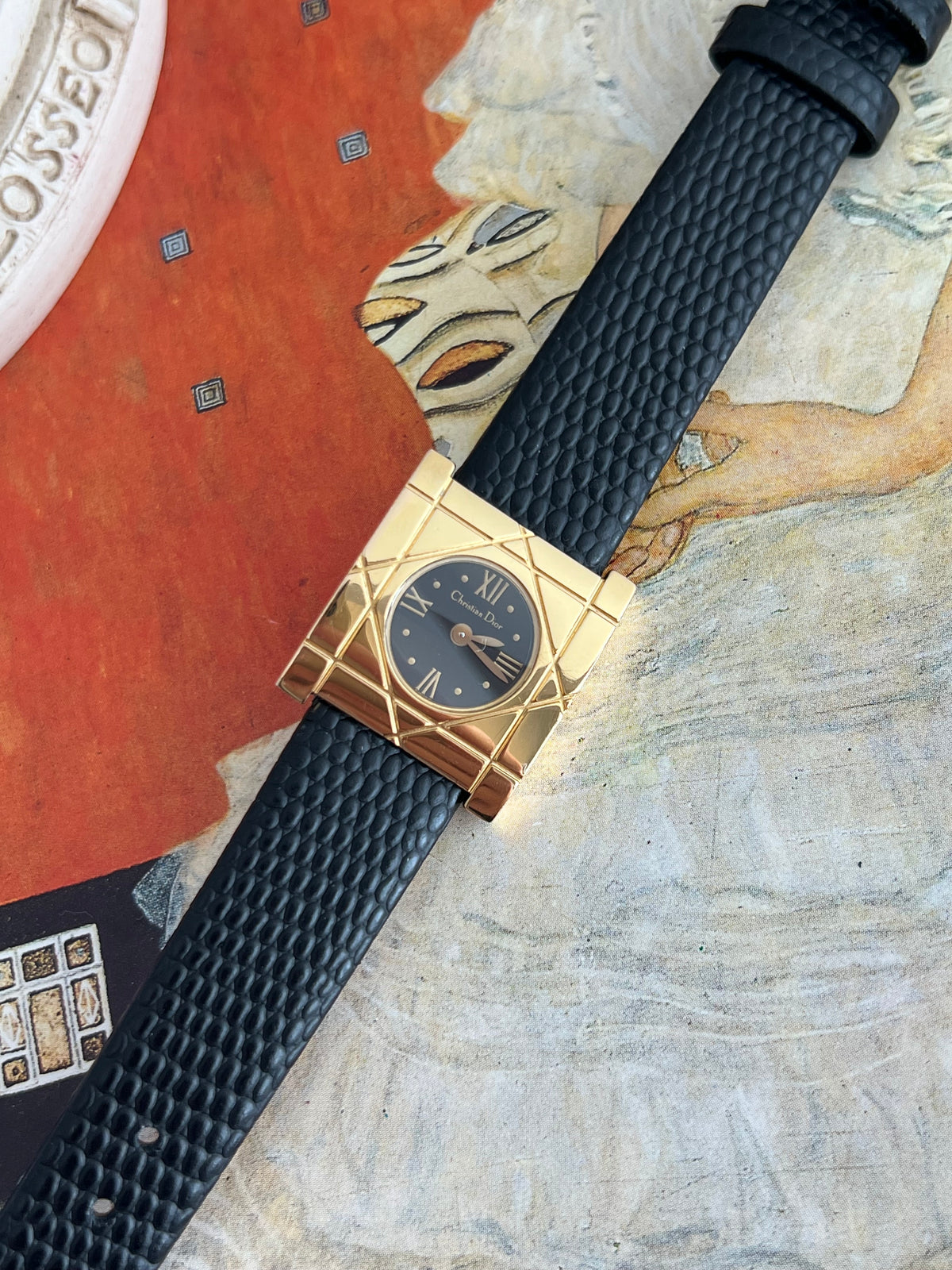 Christian Dior Cannage Gold Tone Black Strap Watch