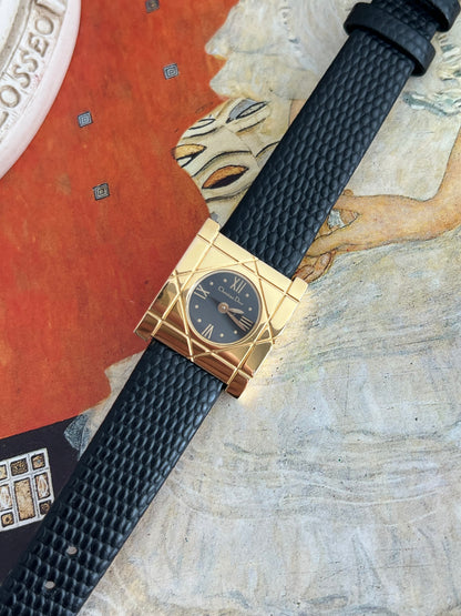 Christian Dior Cannage Gold Tone Black Strap Watch