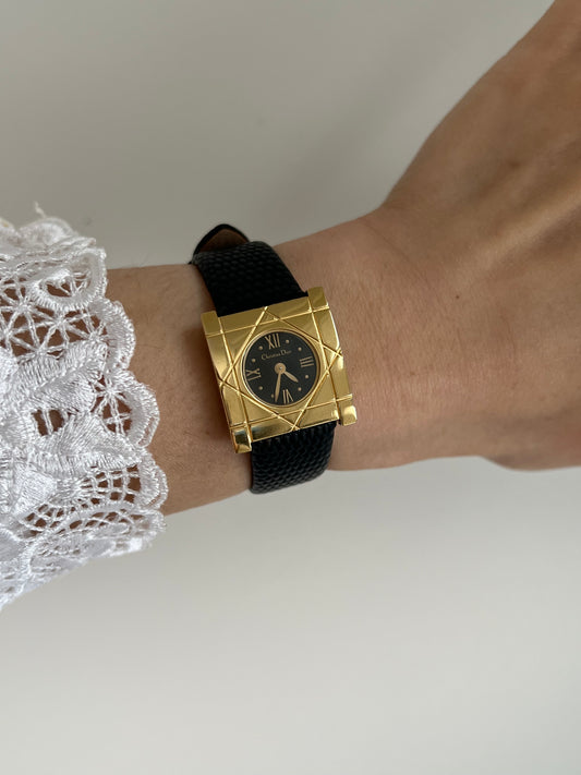 Christian Dior Cannage Gold Tone Black Strap Watch