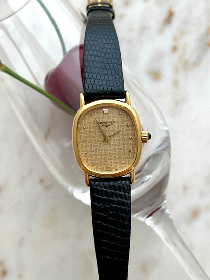 Longines Oblong Gold Tone Woman's Watch with Solitaire Diamond & Patterned Dial