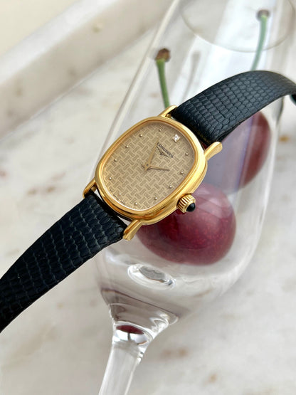 Longines Oblong Gold Tone Woman's Watch with Solitaire Diamond & Patterned Dial