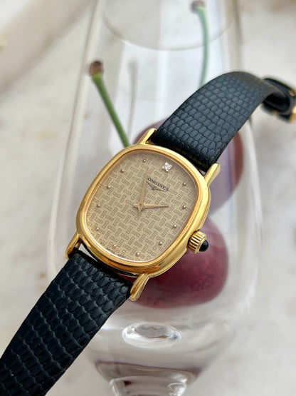 Longines Oblong Gold Tone Woman's Watch with Solitaire Diamond & Patterned Dial