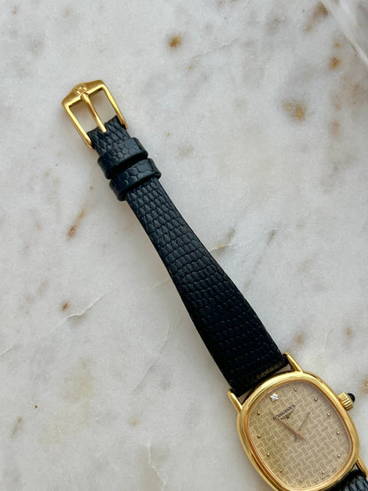 Longines Oblong Gold Tone Woman's Watch with Solitaire Diamond & Patterned Dial