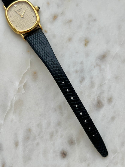 Longines Oblong Gold Tone Woman's Watch with Solitaire Diamond & Patterned Dial