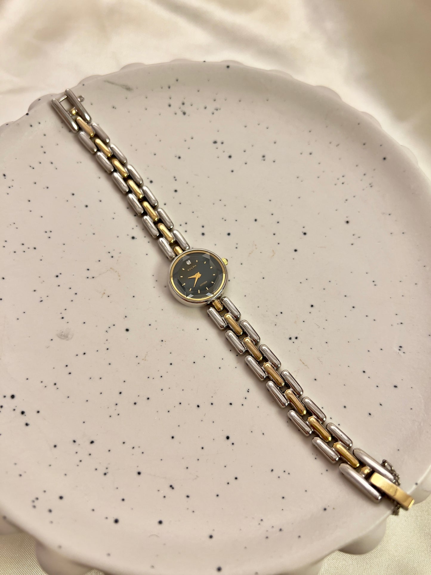 Citizen Black Dial Two-Tone Bracelet Woman's Watch with Faceted Crystal