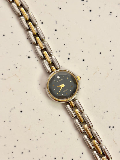 Citizen Black Dial Two-Tone Bracelet Woman's Watch with Faceted Crystal
