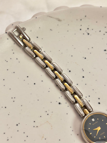 Citizen Black Dial Two-Tone Bracelet Woman's Watch with Faceted Crystal