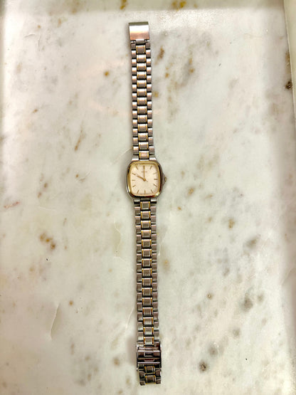 Seiko Soft Rectangular Two Toned Woman's Watch with Linen Textured Dial