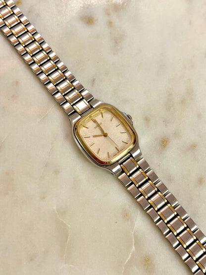 Seiko Soft Rectangular Two Toned Woman's Watch with Linen Textured Dial