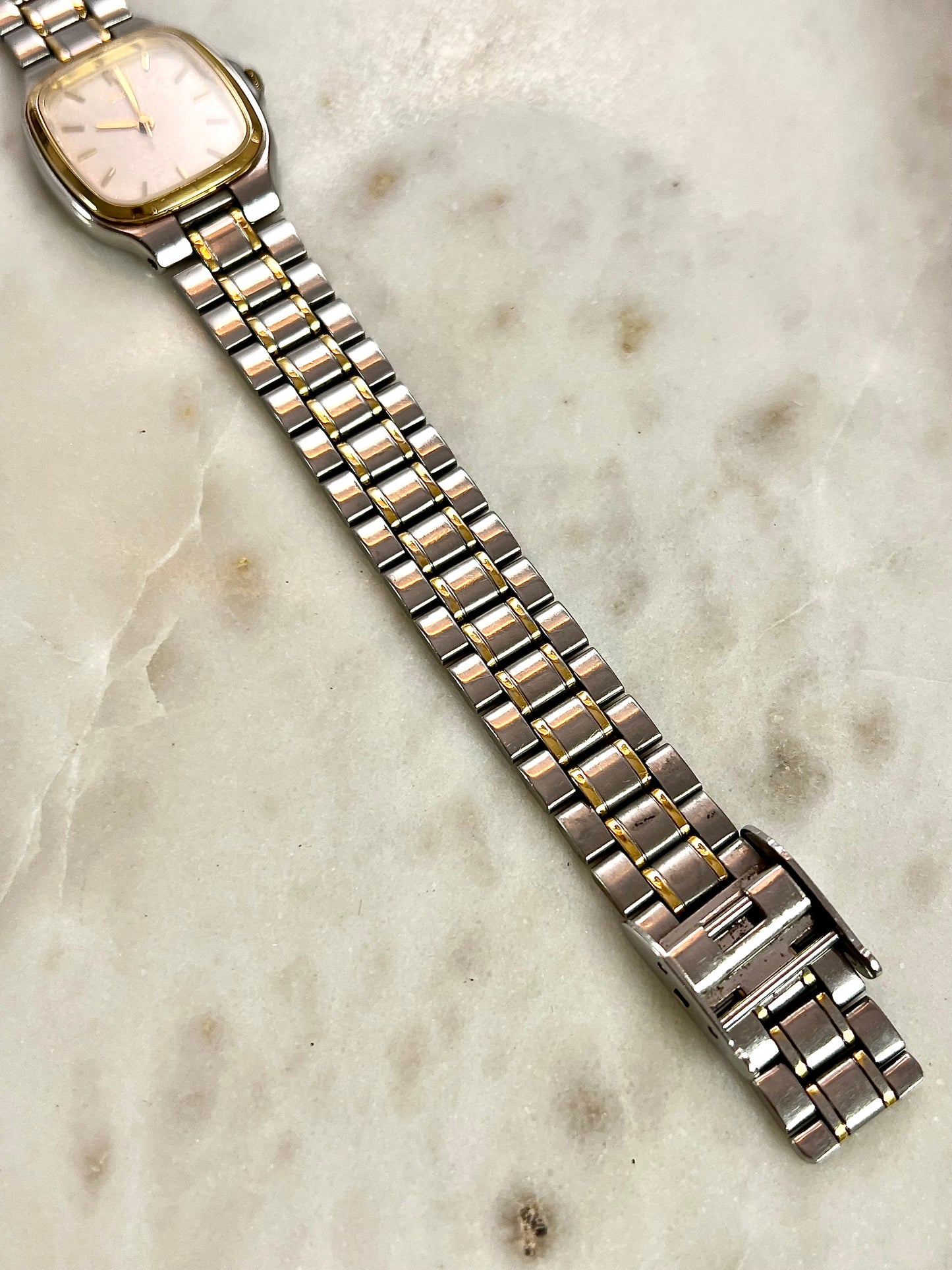 Seiko Soft Rectangular Two Toned Woman's Watch with Linen Textured Dial