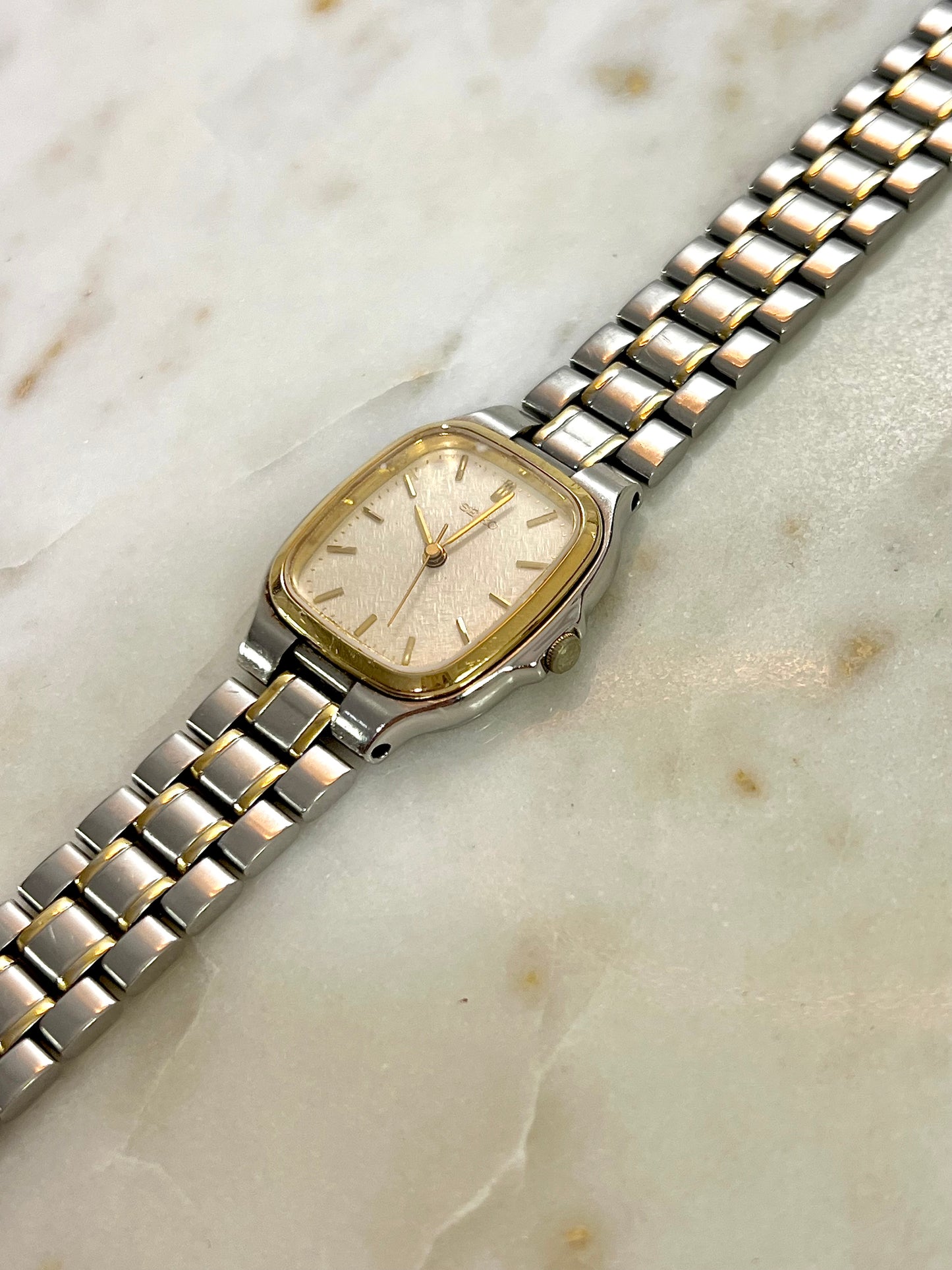 Seiko Soft Rectangular Two Toned Woman's Watch with Linen Textured Dial