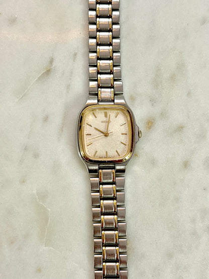Seiko Soft Rectangular Two Toned Woman's Watch with Linen Textured Dial