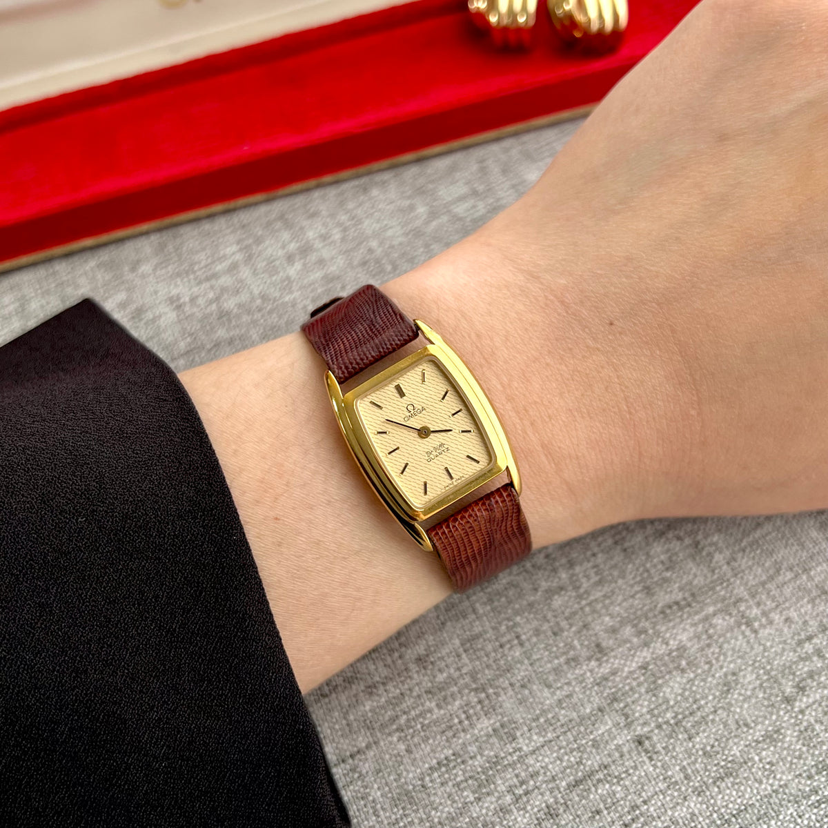 Omega De Ville Wavy Champagne Dial Gold Tonneau Watch