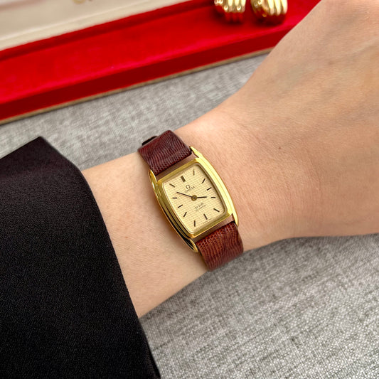 Omega De Ville Wavy Champagne Dial Gold Tonneau Watch