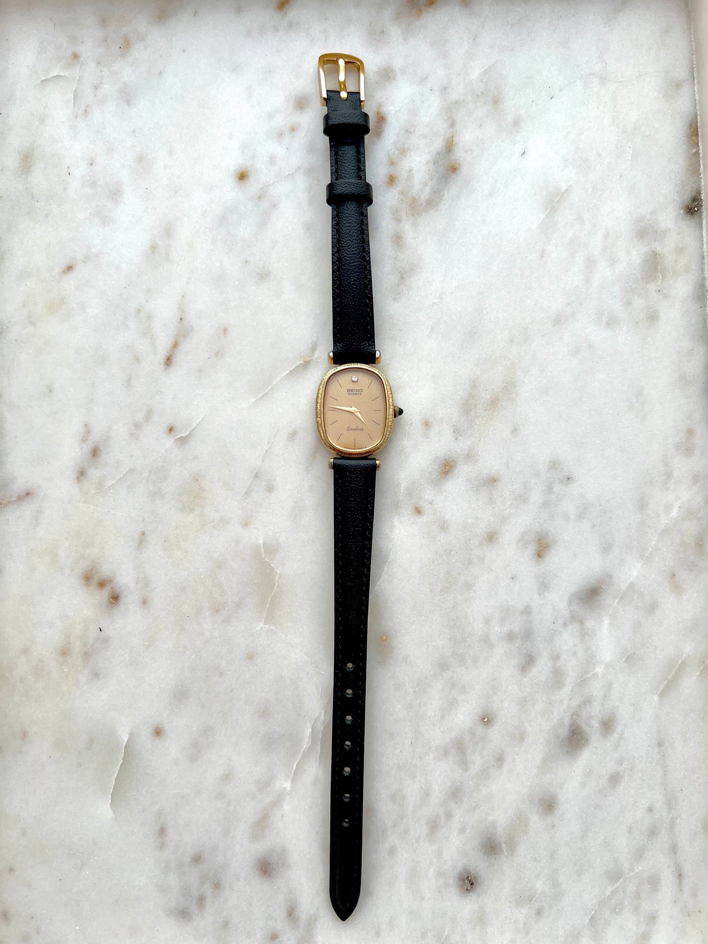 Seiko Exceline One Diamond Champagne Dial Ladies Watch on Black Leather