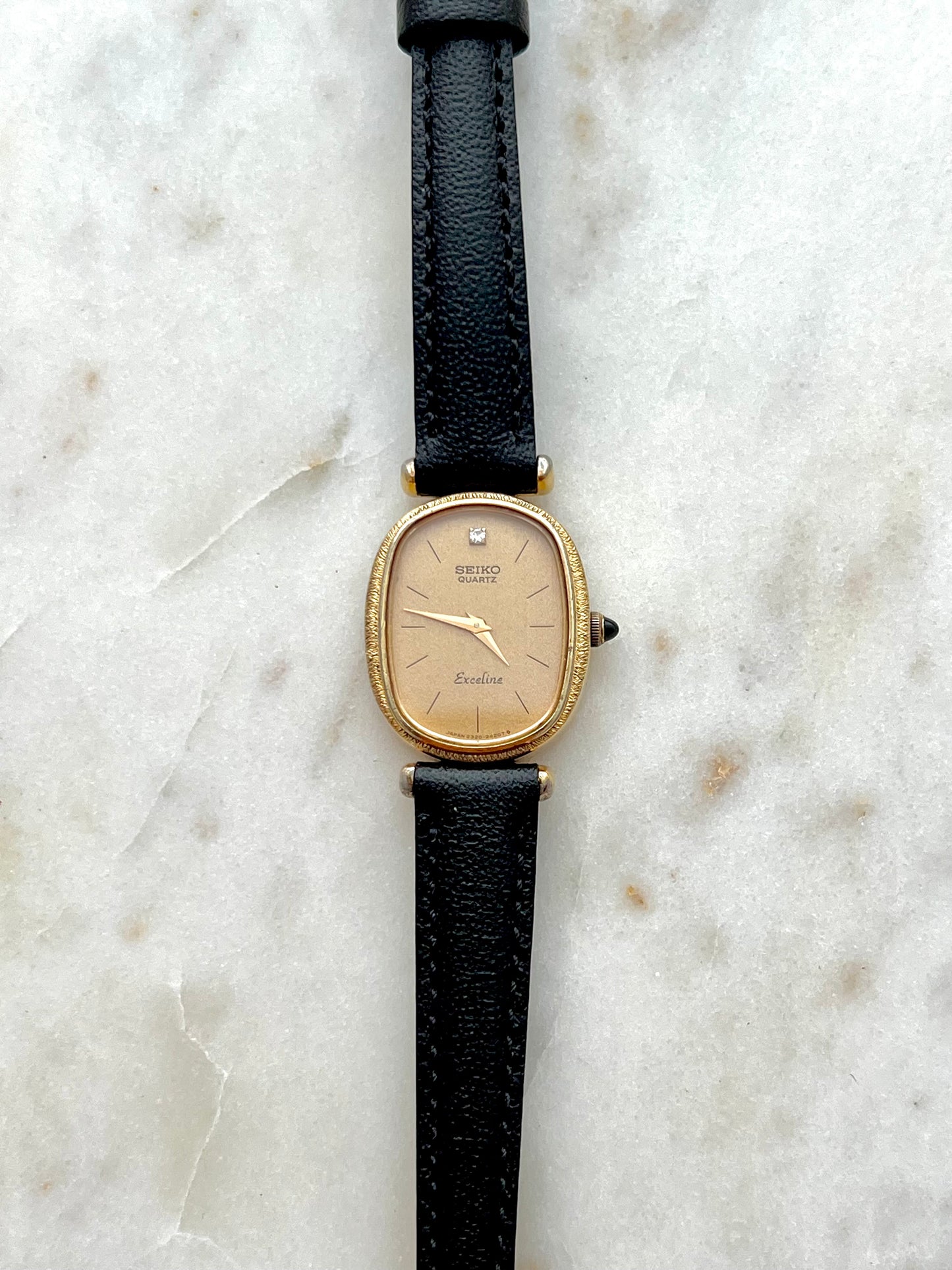 Seiko Exceline One Diamond Champagne Dial Ladies Watch on Black Leather