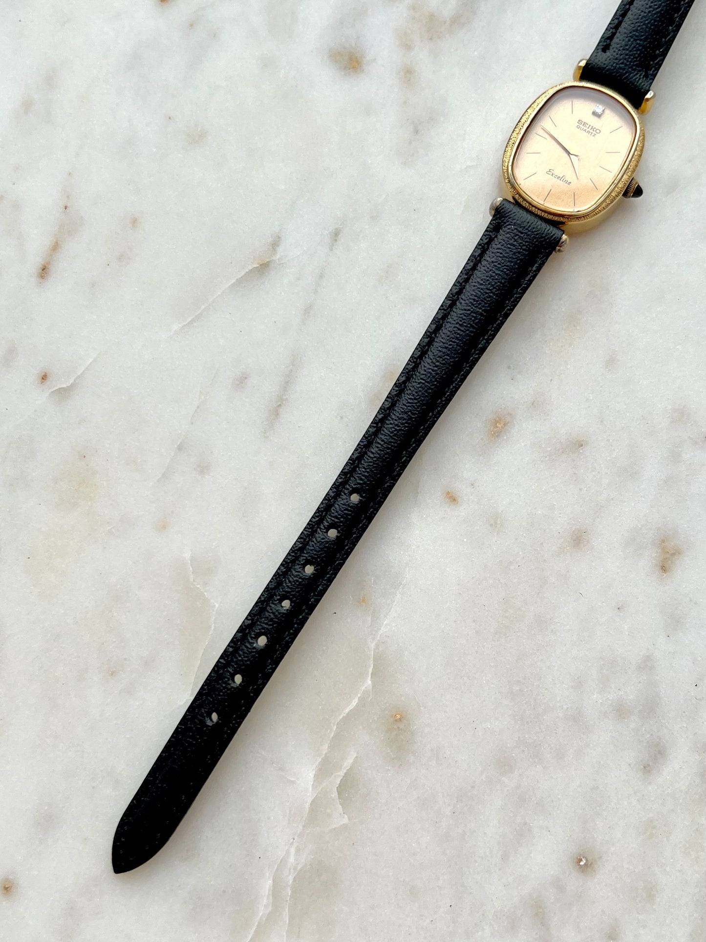 Seiko Exceline One Diamond Champagne Dial Ladies Watch on Black Leather