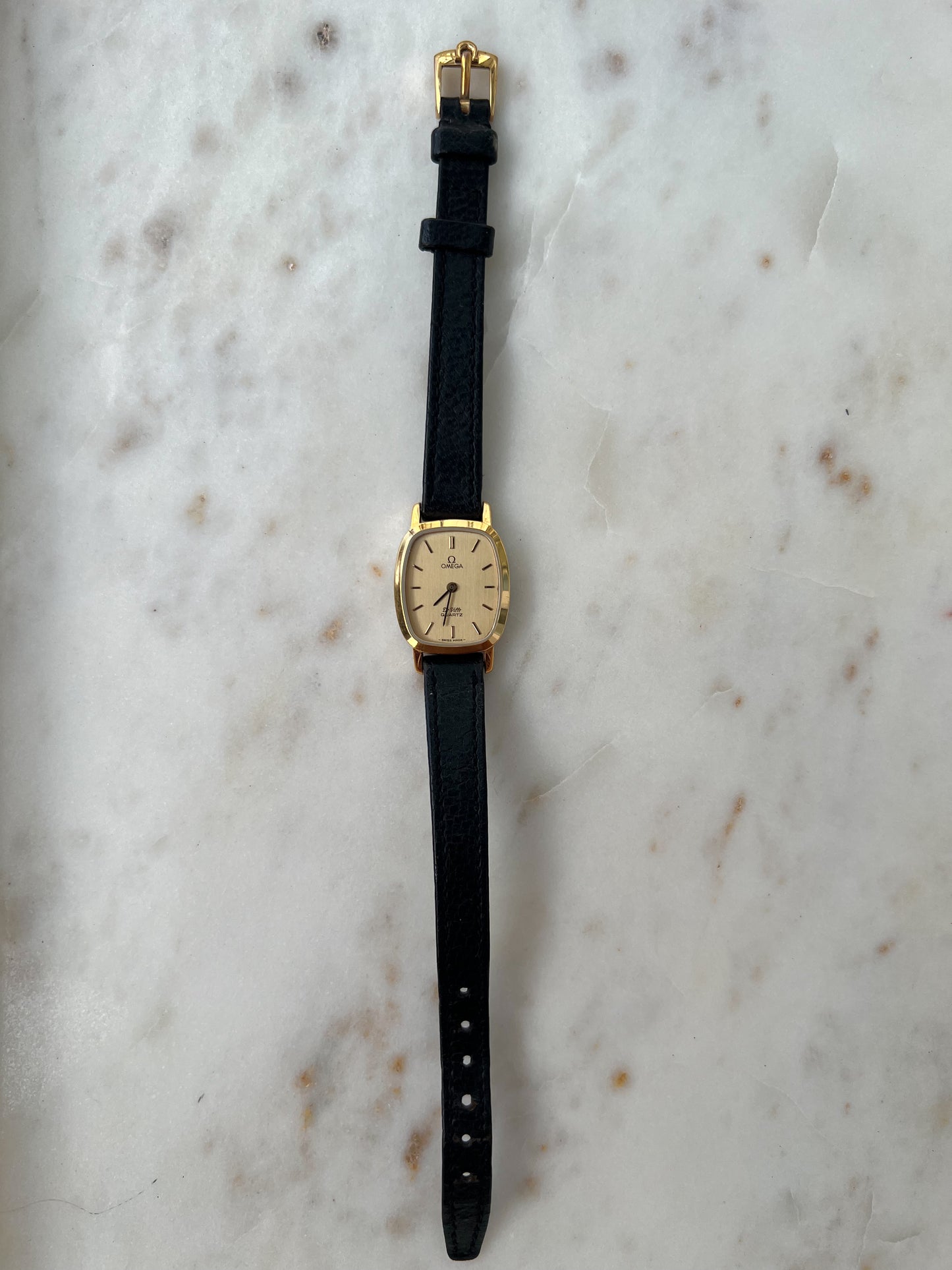 Omega De Ville Tonneau Women's Watch in Gold Tone on Black Leather