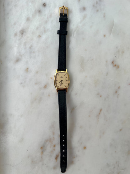 Omega De Ville Tonneau Women's Watch in Gold Tone on Black Leather