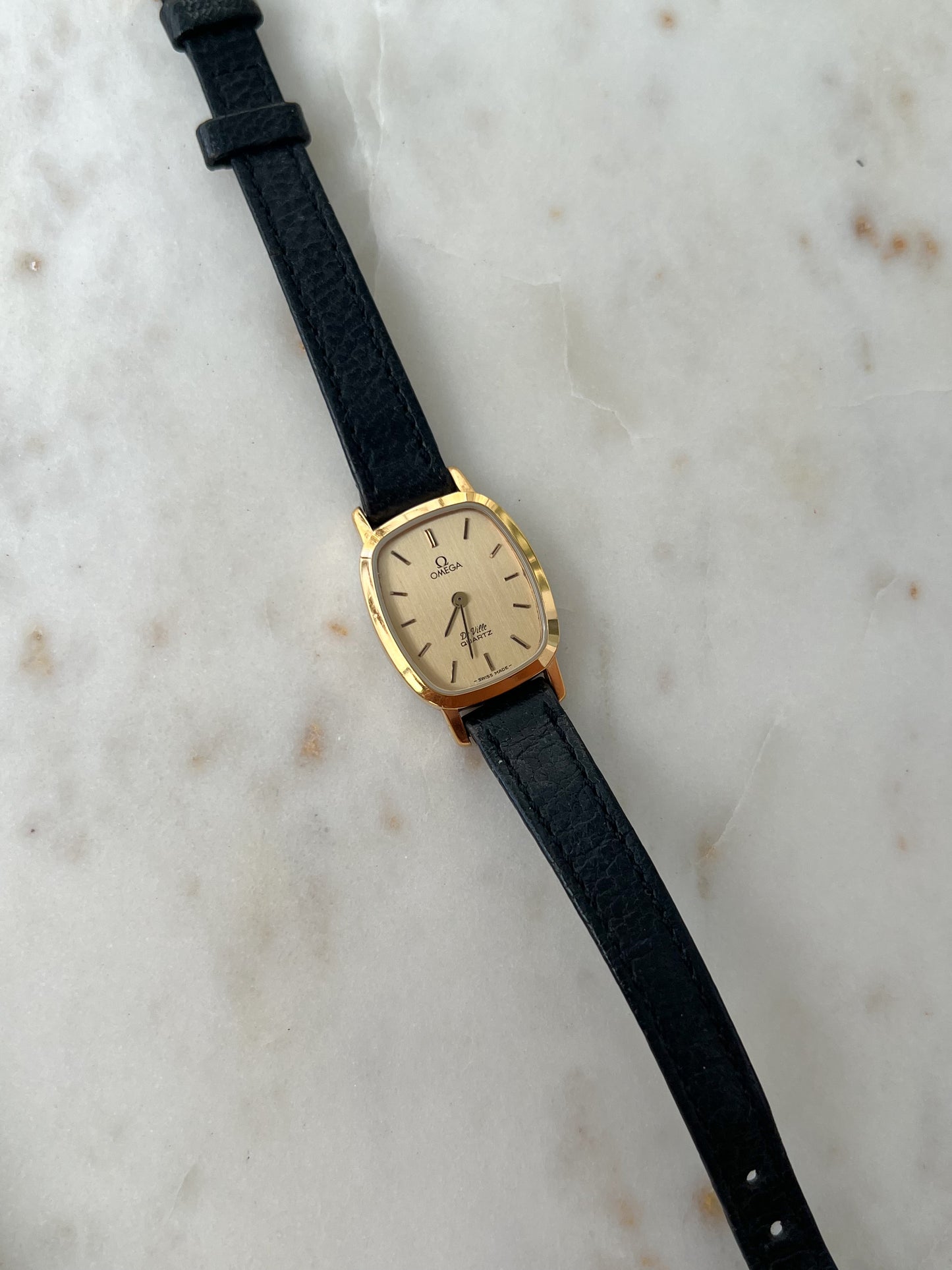 Omega De Ville Tonneau Women's Watch in Gold Tone on Black Leather