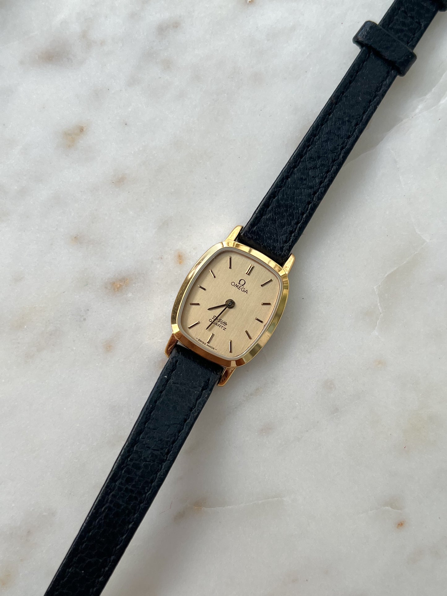 Omega De Ville Tonneau Women's Watch in Gold Tone on Black Leather