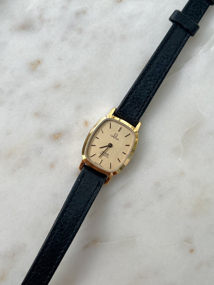 Omega De Ville Tonneau Women's Watch in Gold Tone on Black Leather