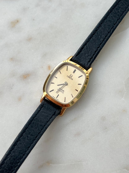 Omega De Ville Tonneau Women's Watch in Gold Tone on Black Leather