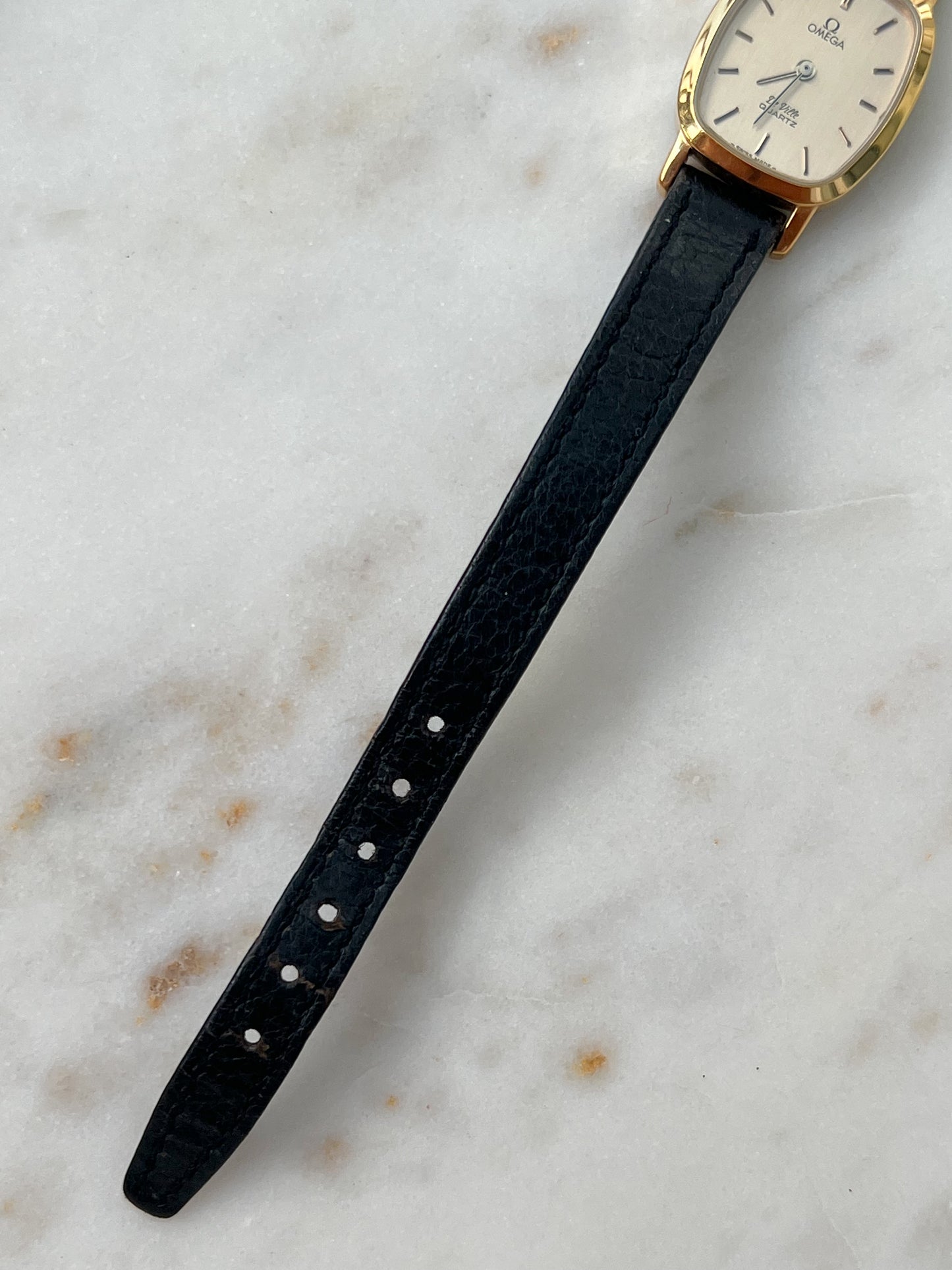 Omega De Ville Tonneau Women's Watch in Gold Tone on Black Leather