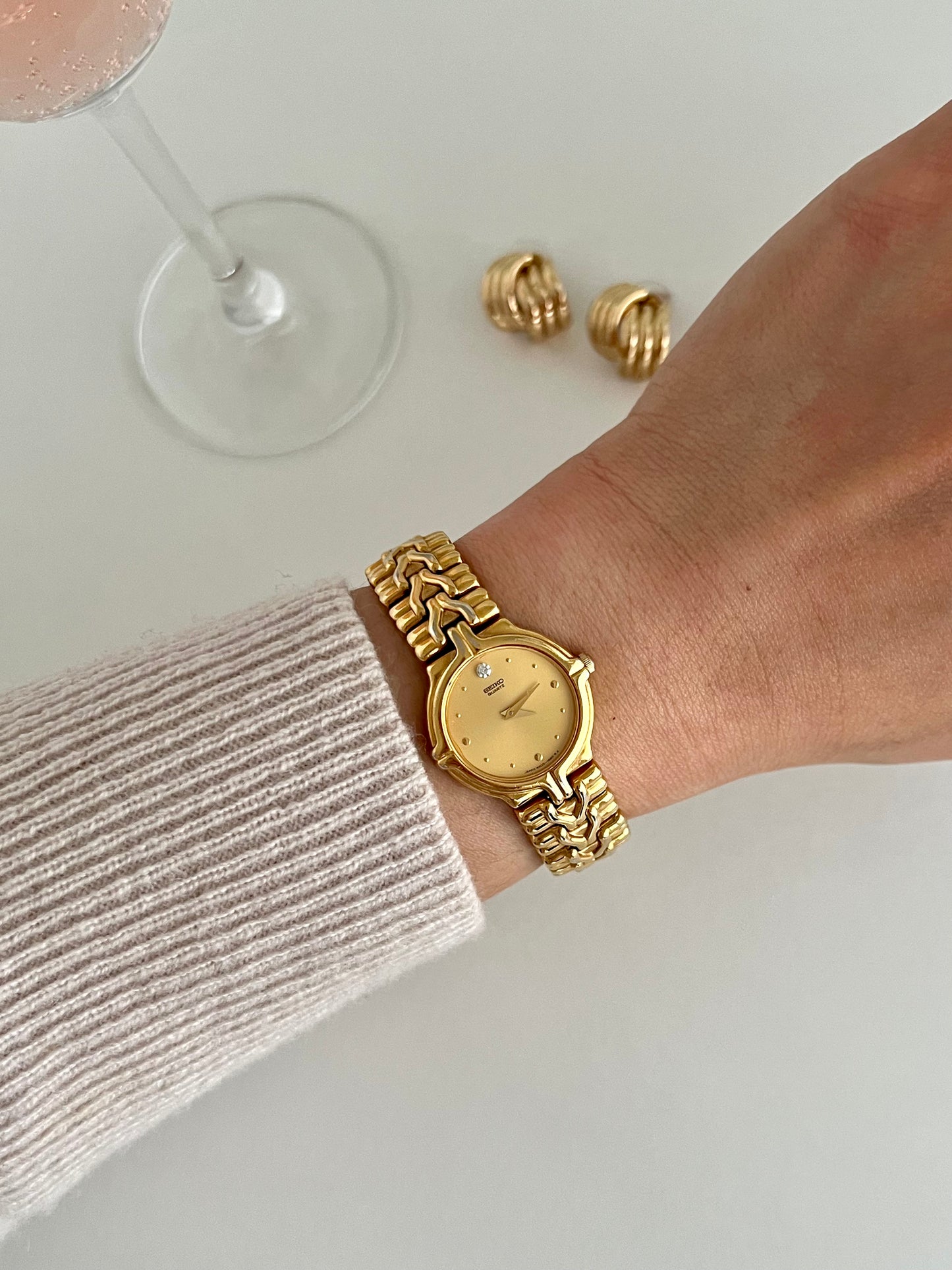 Seiko Woman's Watch Gold with Chevron Pattern Bracelet