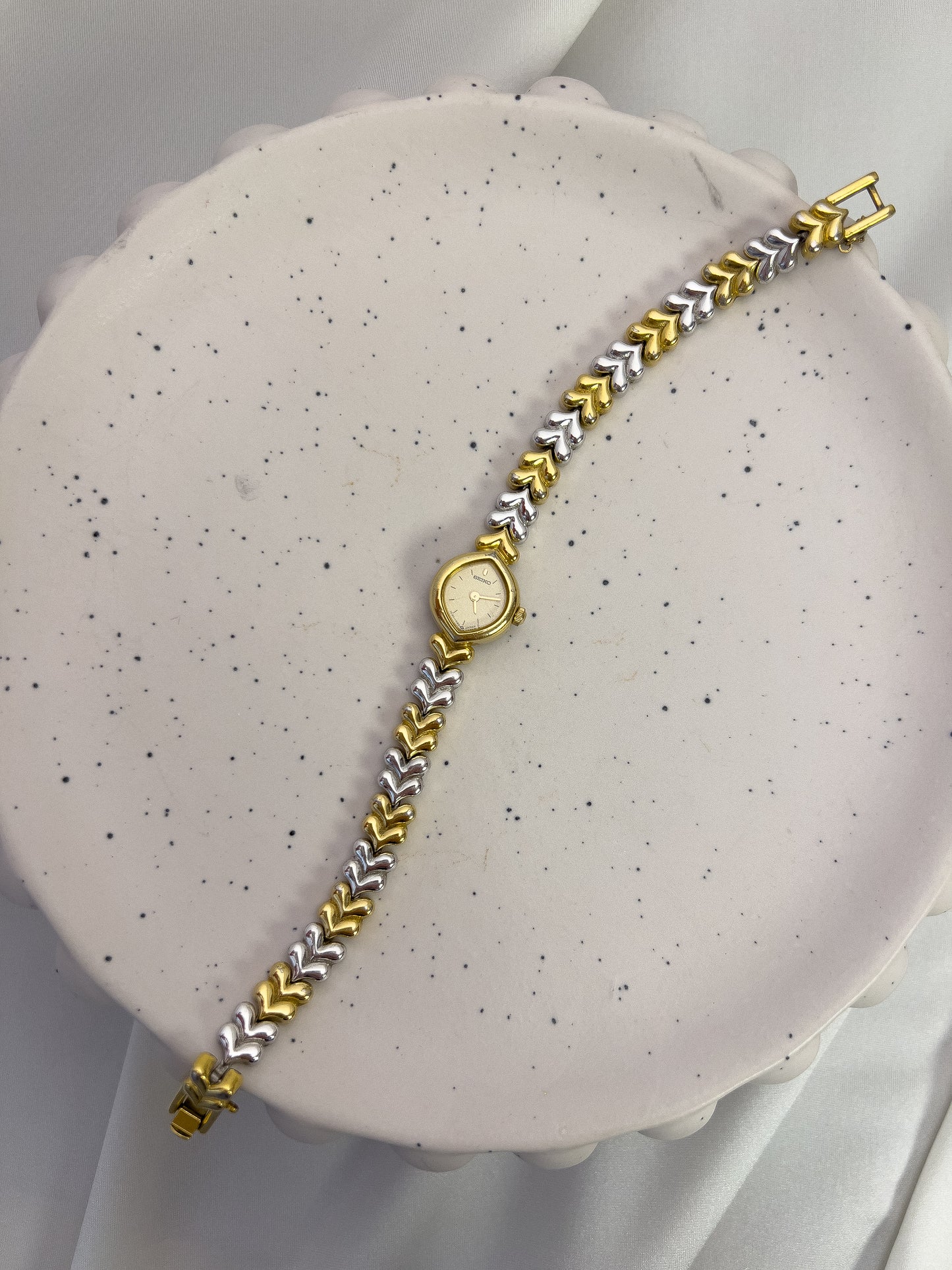 Seiko Gold-Tone Tear Drop Watch with Two-Tone Leaf-Link Bracelet