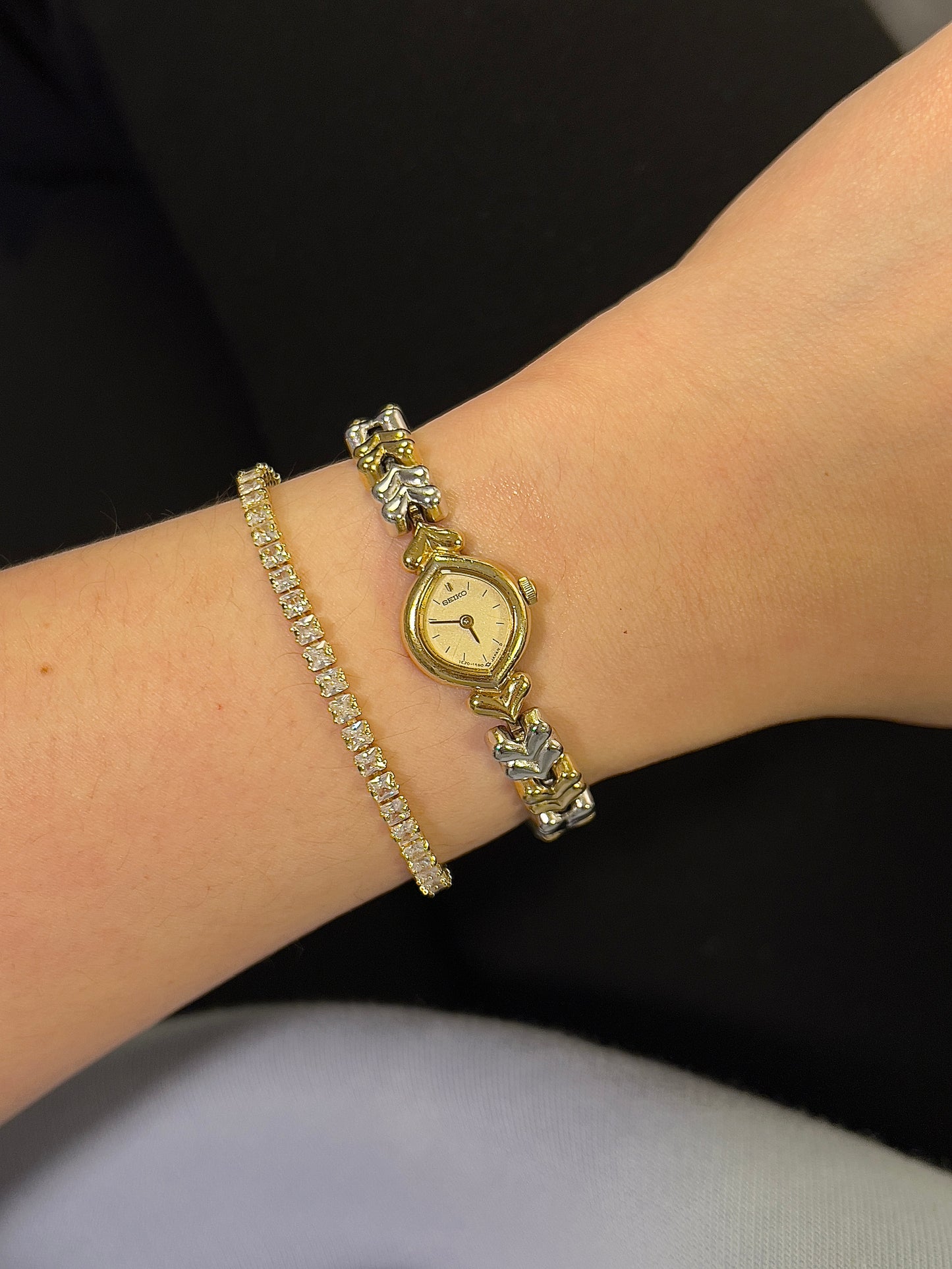 Seiko Gold-Tone Tear Drop Watch with Two-Tone Leaf-Link Bracelet